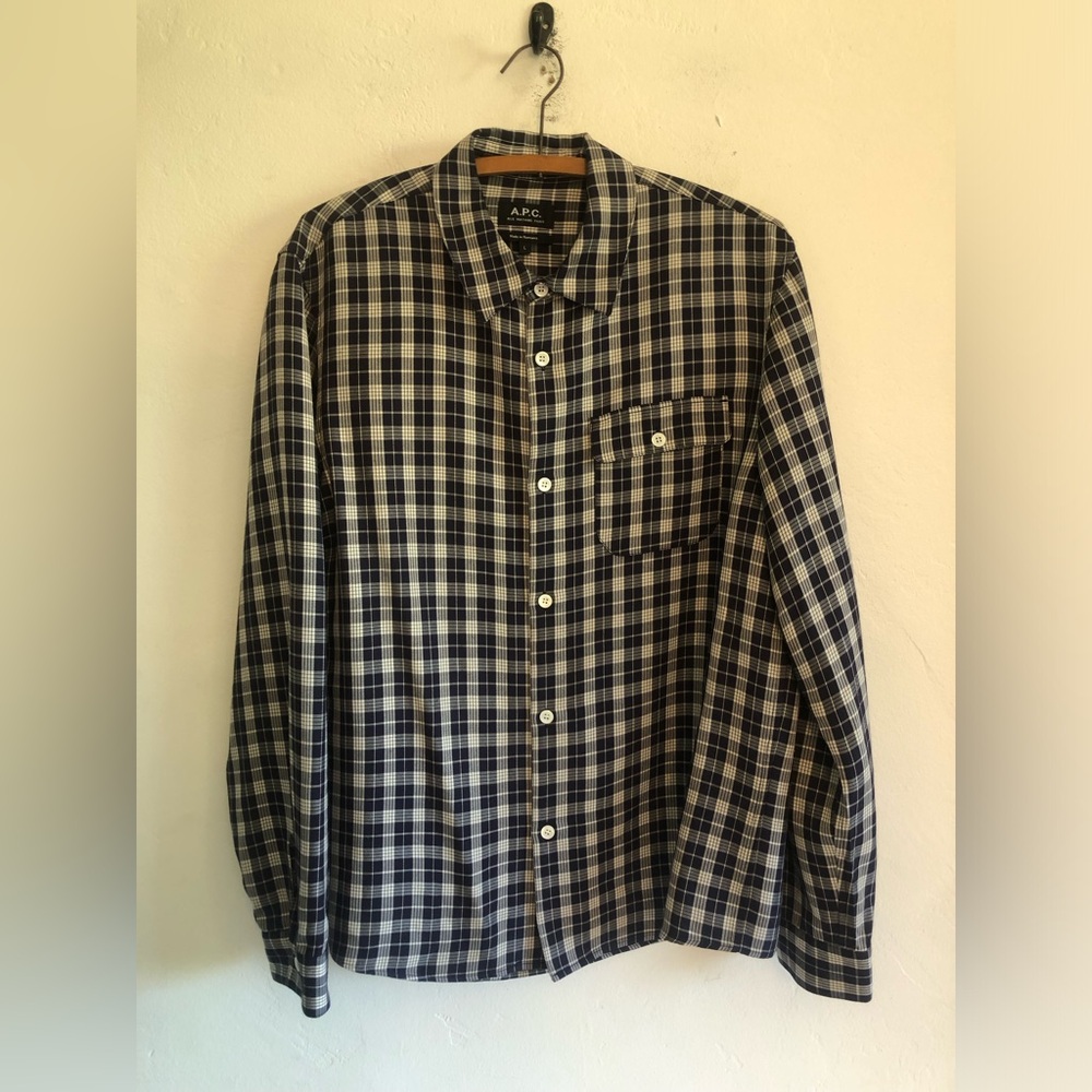 A.P.C. Rue Madame Paris viscose shirt Men's Large Blue Plaid Long Sleeve